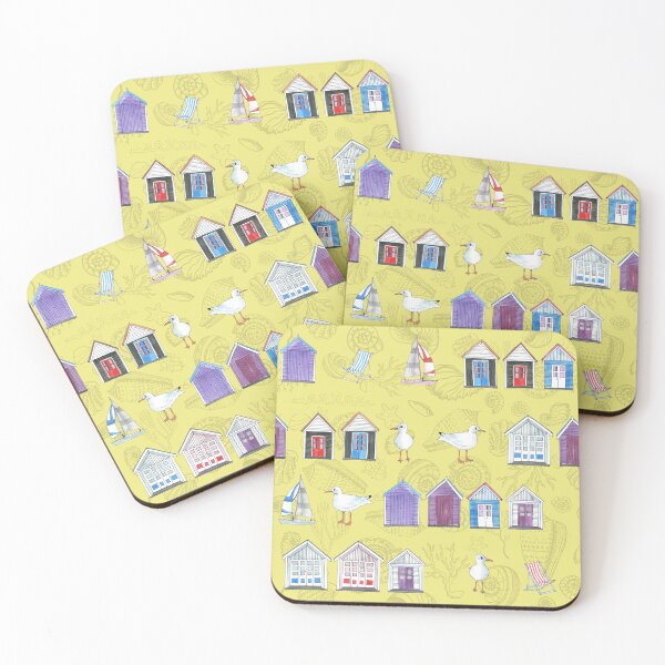 Item preview, Beach Huts, Bournemouth - on yellow with shells - watercolour pattern by Cecca Designs designed and sold by Cecca-Designs.