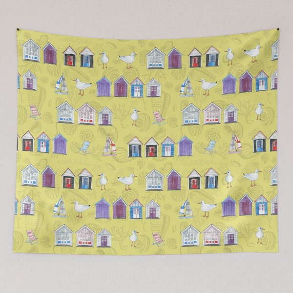 Item preview, Beach Huts, Bournemouth - on yellow with shells - watercolour pattern by Cecca Designs designed and sold by Cecca-Designs.