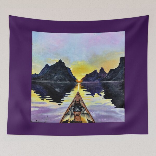 Item preview, Boat with Water, Mountains, and Sunset Pretty Acrylic Painting  designed and sold by MaiaJak.