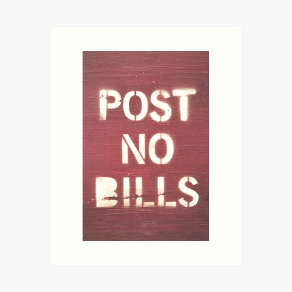 Item preview, New York, USA I Post no bills street art in text with white spray painted typography on a dark red wooden background to notify of a posting ban with a contrast minimalist letter graphic design designed and sold by Julie Travel Photography.