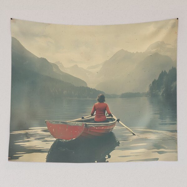Item preview, Misty lake with a woman in the boat designed and sold by Wildflow Creations.