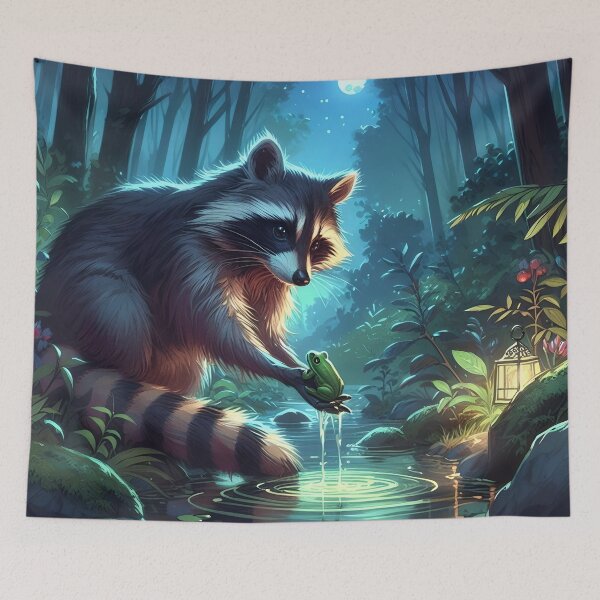 Item preview, Raccoon and Frog Moonlit Night designed and sold by BreezyDawnDesigns.