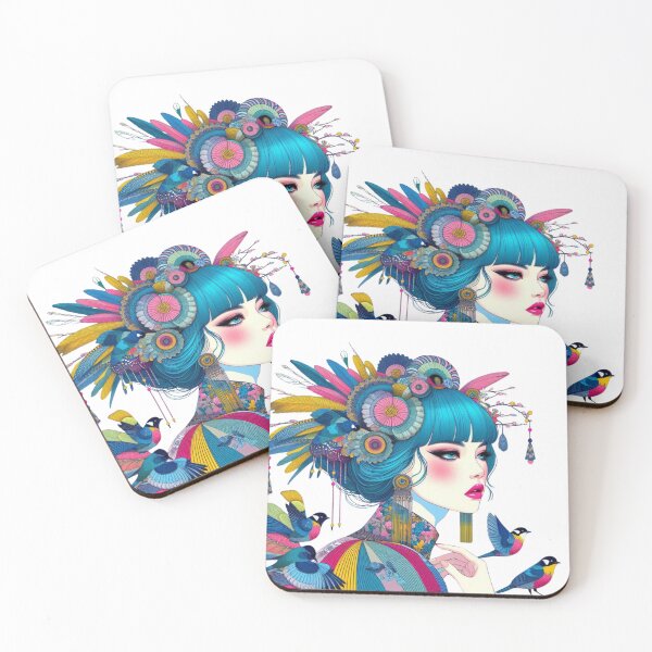 Item preview, Let me tweet the secret, a bird lover blue eyed girl as a geisha  designed and sold by coloursforkids.