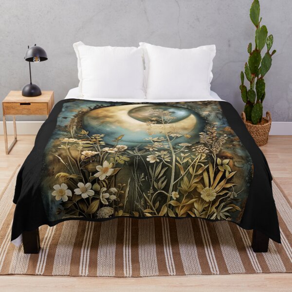 Item preview, Botanical woodland, Midnight  Moonlight Cottage-core Floral Throw Blanket  designed and sold by LLdreams.