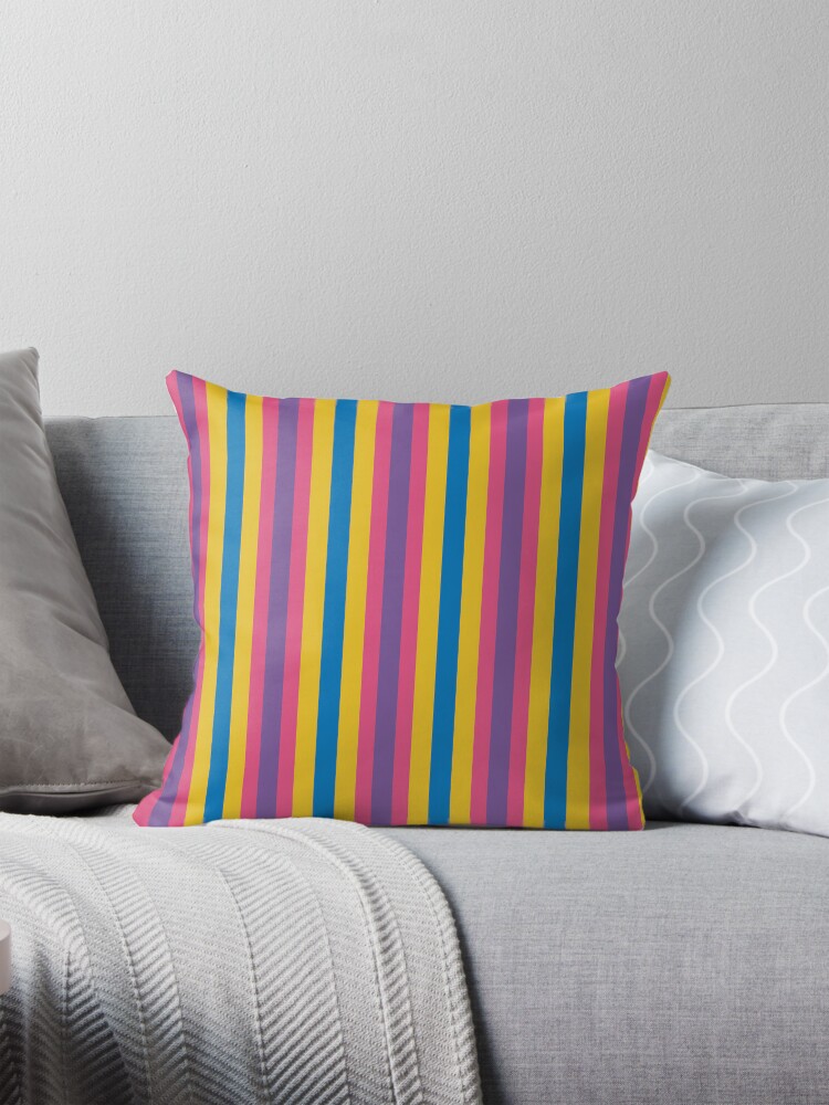 Pillow, Geometric Maximalist Rainbow Bright Colorful Vertical Stripes designed and sold by Triplicate Limited