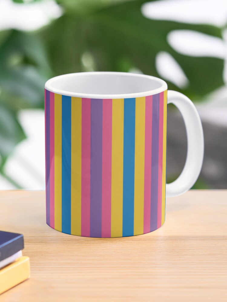 Coffee Mug, Geometric Maximalist Rainbow Bright Colorful Vertical Stripes designed and sold by Triplicate Limited