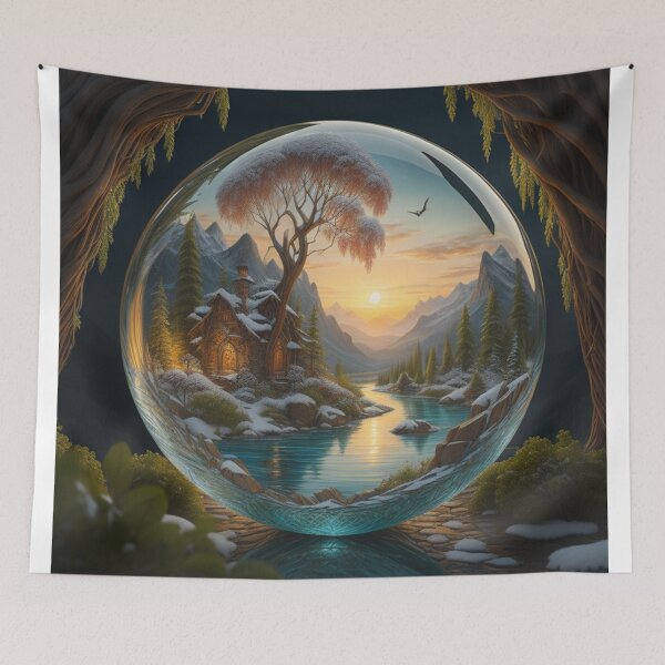 Item preview, Enchanted Sunset: Glass Orb Landscape With Snowy Mountains designed and sold by EnchantedVista.