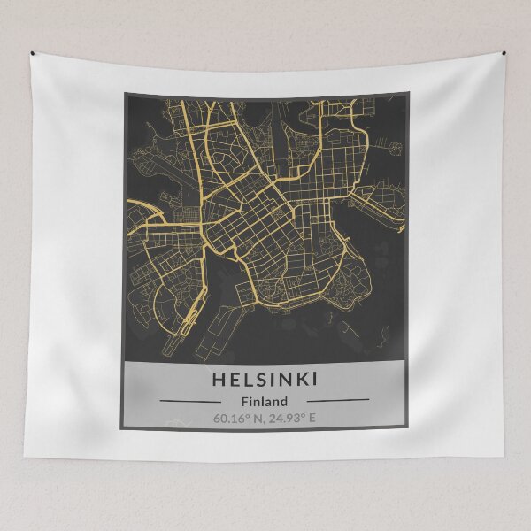 Artikelvorschau, Minimalistische Kartenkunst von Helsinki (Schwarz und Gold) entworfen und verkauft von MapMyCity.