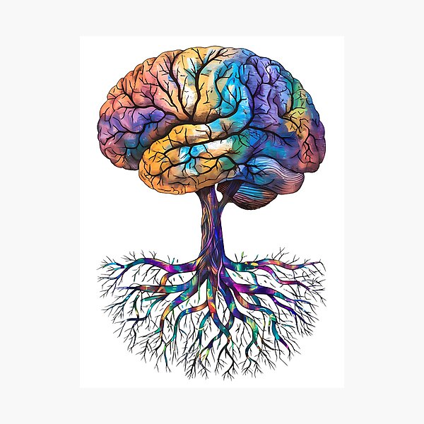 Aperçu de l'œuvre Arbre de connaissances cérébrales neurodivergentes - Art vibrant du cerveau et des racines créée et vendue par WatermelonPink.
