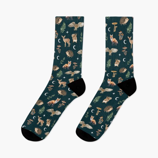 Item preview, Dark cottagecore forest animals witchy occult pattern, with fox owl deer mushroom fern squirrel hedgehog and moon designed and sold by StudioWhimsey.