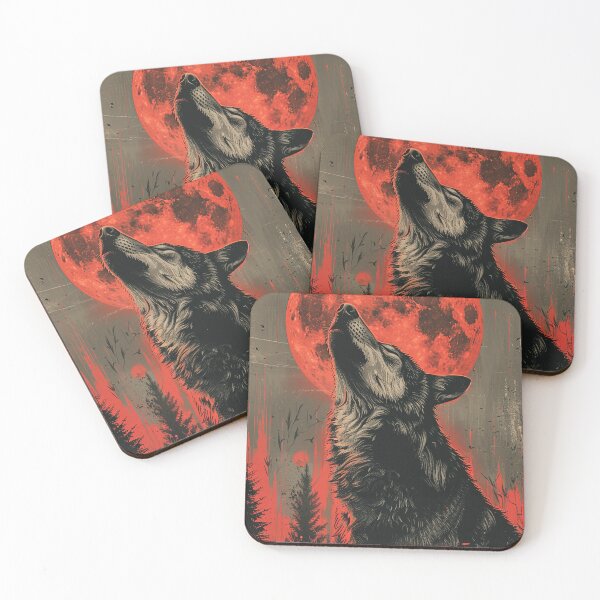Item preview, Howling Wolf with Red Moon Illustration designed and sold by OccultDreams.