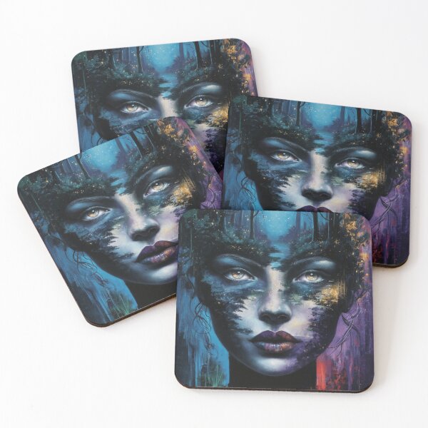 Item preview, Abstract Portrait of Woman's Face with Nocturnal Forest and Fireflies designed and sold by BENMBARK.