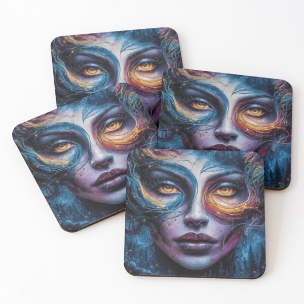 Item preview, Vibrant Abstract Portrait of Woman's Face with Night Forest and Fireflies designed and sold by BENMBARK.