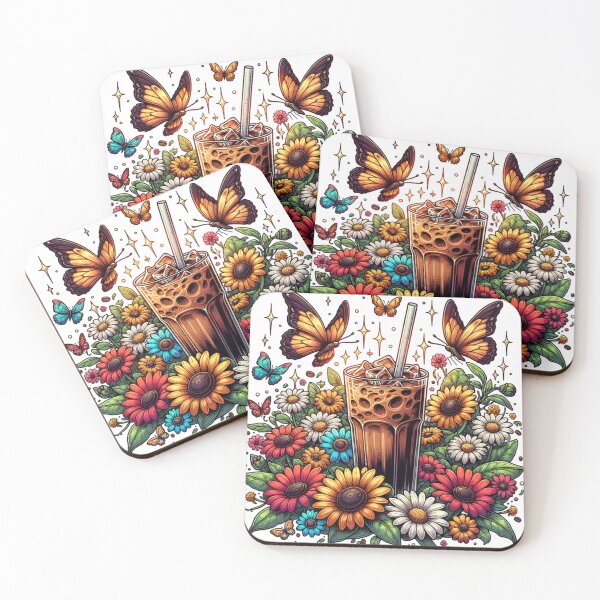 Item preview, Iced Coffee Enchantment with Blossoms and Butterflies designed and sold by GalleryGlow Fantasy Art.