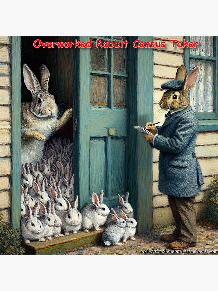 Thumbnail 3 of 3, Sticker, Overworked Rabbit Census Taker designed and sold by ltcartoons.