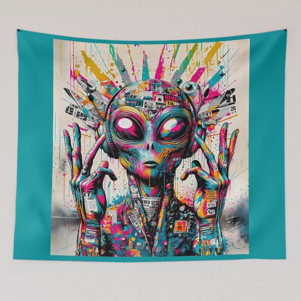Item preview, Technopunk Alien Graffiti Art - Vibrant Mixed Media Collage designed and sold by TriarArt.