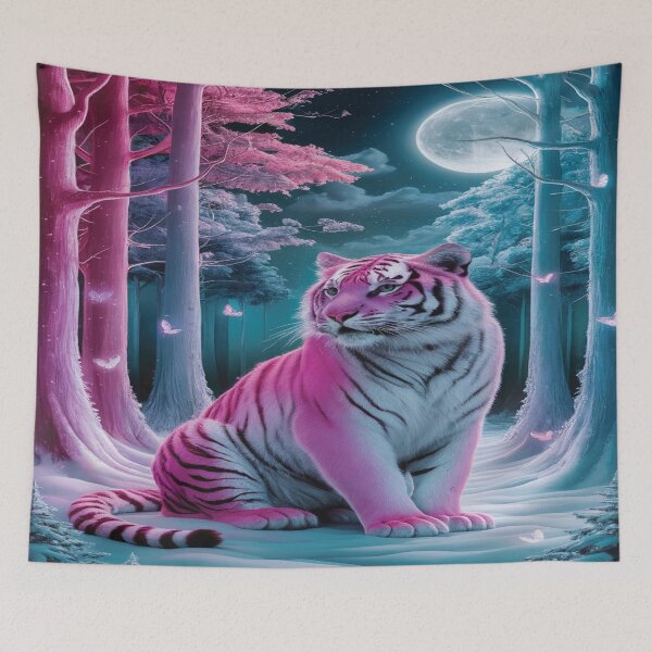 Item preview, Pink tiger with butterflies in the snowy forest under moonlight  designed and sold by Stephani Analah.