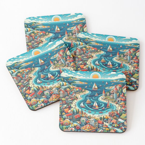 Item preview, Whimsical Coastal Townscape - Colorful Seaside Illustration designed and sold by ManeeStore.