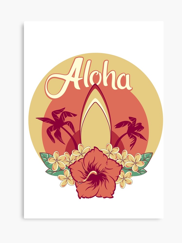 Aloha Dans Le Bouquet De Fleurs Hawaïennes Dhibiscus Et Plumeria Et Palmiers Avec Planche De Surf Impression Sur Toile