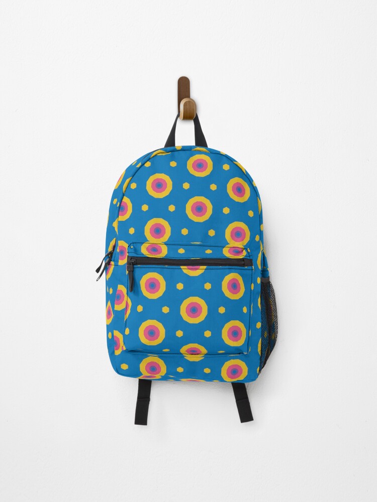 Backpack, Geometric Maximalist Rainbow Colorful Bullseyes And Hexagons designed and sold by Triplicate Limited