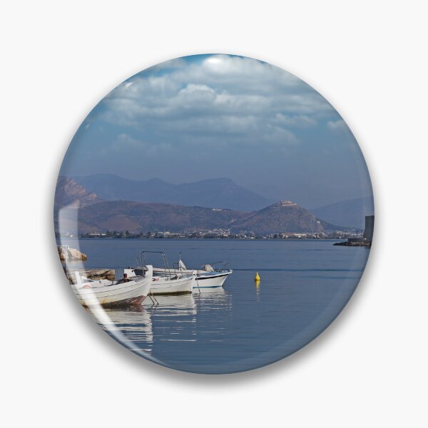 Item preview, Bourtzi water fortress and port with boats in Nafplio, Peloponnese, Greece designed and sold by goceris.