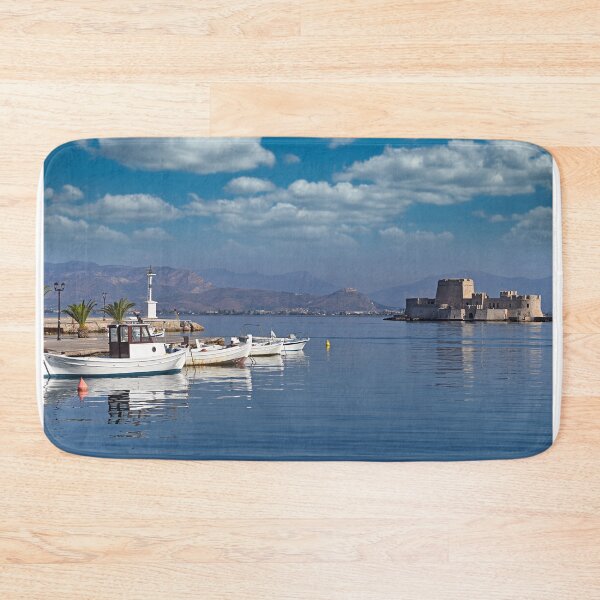 Item preview, Bourtzi water fortress and port with boats in Nafplio, Peloponnese, Greece designed and sold by goceris.