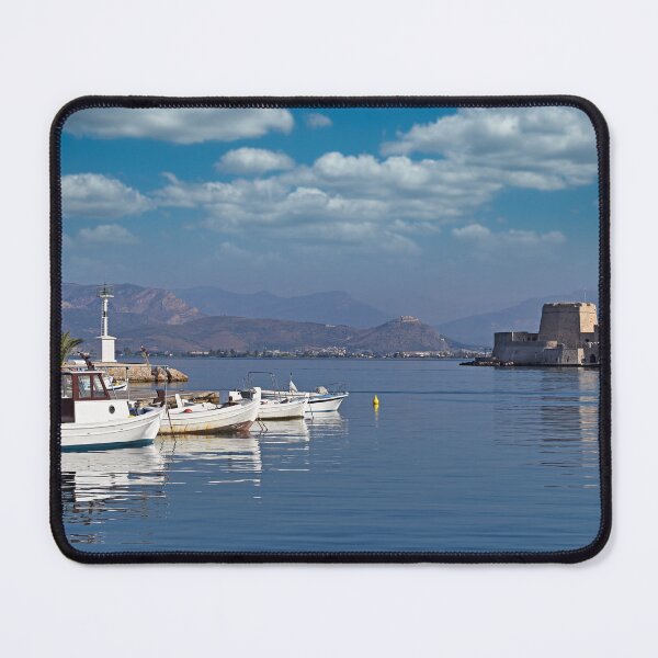 Item preview, Bourtzi water fortress and port with boats in Nafplio, Peloponnese, Greece designed and sold by goceris.