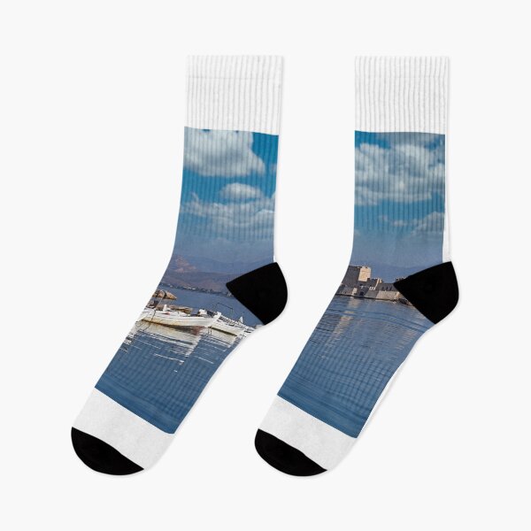 Item preview, Bourtzi water fortress and port with boats in Nafplio, Peloponnese, Greece designed and sold by goceris.
