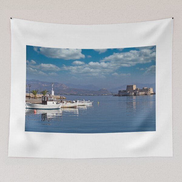 Item preview, Bourtzi water fortress and port with boats in Nafplio, Peloponnese, Greece designed and sold by goceris.