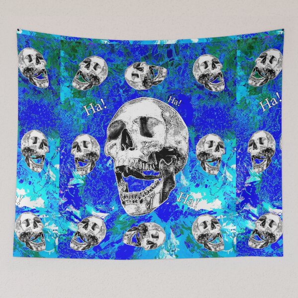 Item preview, Laughing world skulls Ha! ha! with blue world background designed and sold by SueKnox.