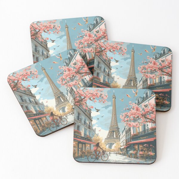 Item preview, France and Paris. Travel.Vector cute illustrations of Eiffel tower, alleys, street, house, park, woman on bicycle, triumphal arch, alley, cherry or apple flowers on tree for card, poster or background designed and sold by Ellebecool.