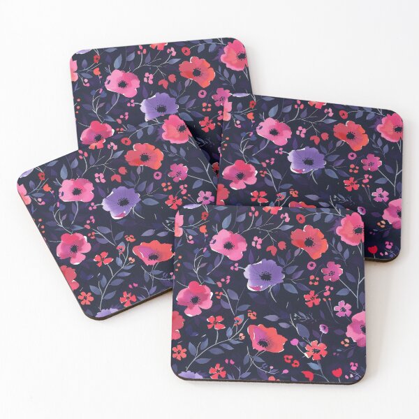 Item preview, Watercolor Floral Pattern With Pink, Red, and Blue Flowers on Dark Blue Background designed and sold by brandway.