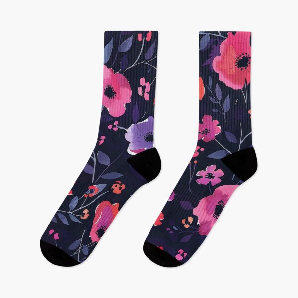Item preview, Watercolor Floral Pattern With Pink, Red, and Blue Flowers on Dark Blue Background designed and sold by brandway.