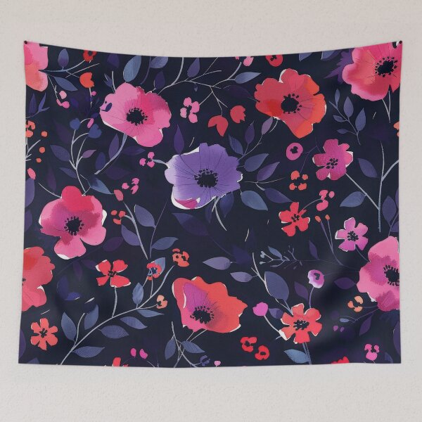 Item preview, Watercolor Floral Pattern With Pink, Red, and Blue Flowers on Dark Blue Background designed and sold by brandway.