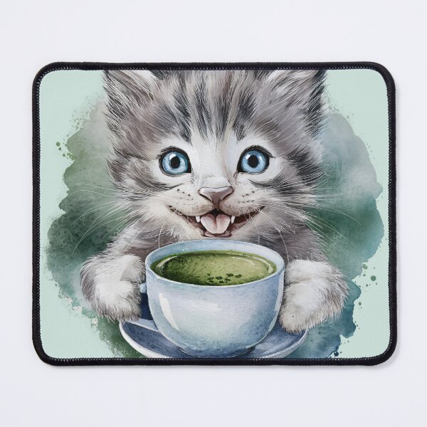 Item preview, A Cute Gray Kitten Drinking Matcha designed and sold by pixelplaza.