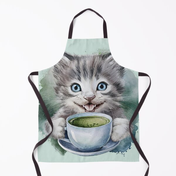 Item preview, A Cute Gray Kitten Drinking Matcha designed and sold by pixelplaza.