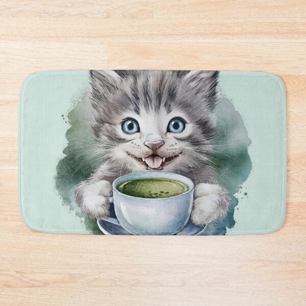 Item preview, A Cute Gray Kitten Drinking Matcha designed and sold by pixelplaza.