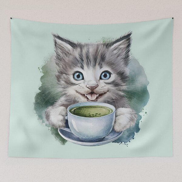 Item preview, A Cute Gray Kitten Drinking Matcha designed and sold by pixelplaza.