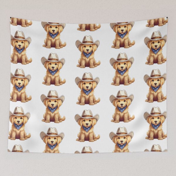 Item preview, golden retriever puppy dog wearing cowboy hat and bandana designed and sold by planetgolden.