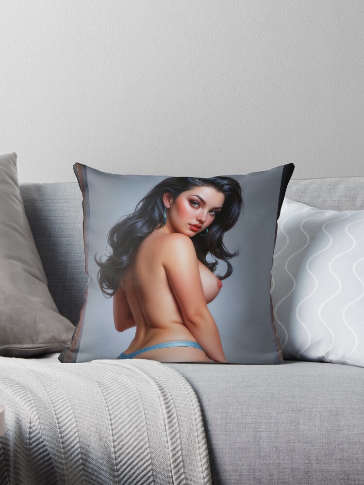 Elegant Mesmerizing Portrait Nude of a Sensual Raven Haired Beauty AI Concept Art by Xzendor7 Decorative Art Print Throw Pillow