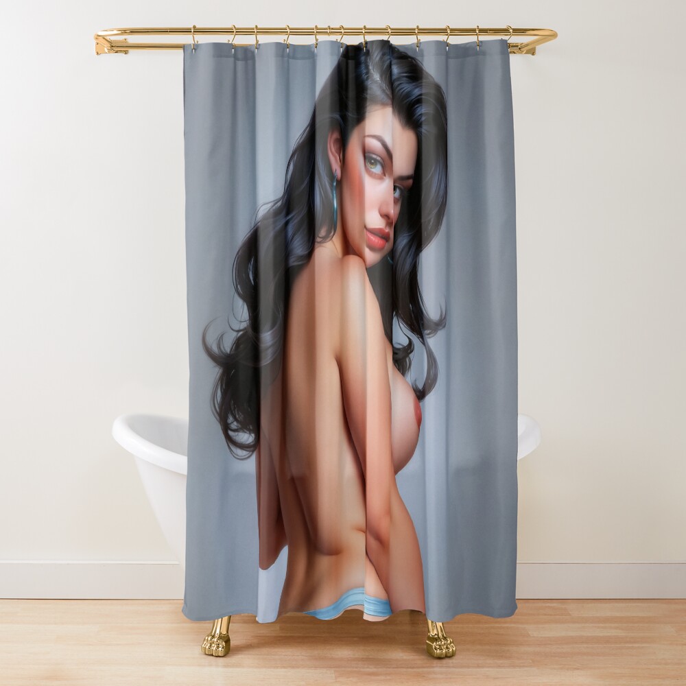 Elegant Mesmerizing Portrait Nude of a Sensual Raven Haired Beauty AI Concept Art by Xzendor7 Decorative Art Print Shower Curtain