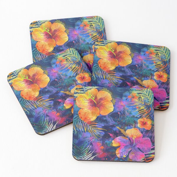 Item preview, Vibrant Neon Tropical Flowers on a Dark Blue Background designed and sold by brandway.