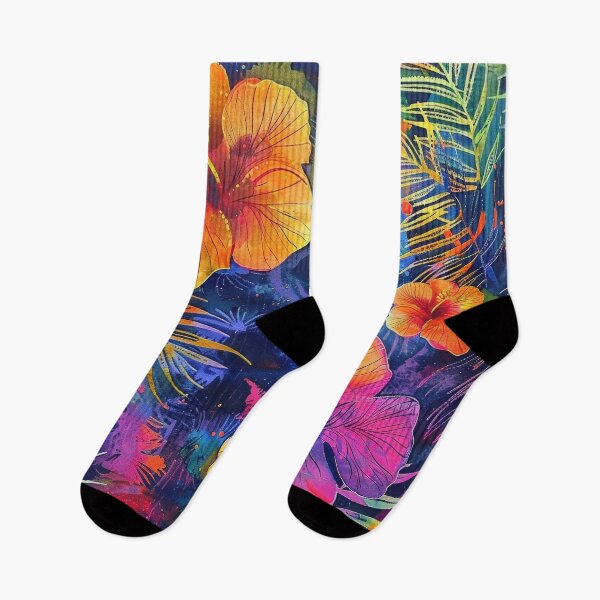 Item preview, Vibrant Neon Tropical Flowers on a Dark Blue Background designed and sold by brandway.