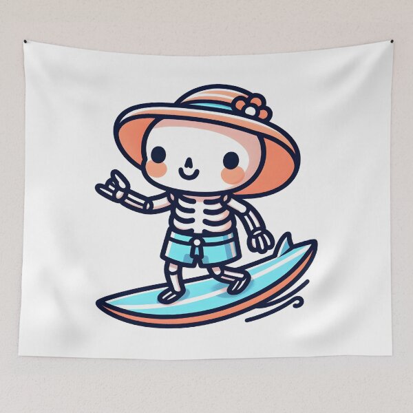 Item preview, Kawaii Whimsical Skeleton Surfing With Beach Shorts designed and sold by CanvasCutie.