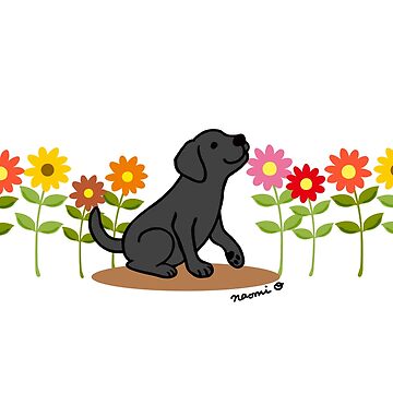 Artwork thumbnail, Black Labrador Puppy and Flowers by HappyLabradors