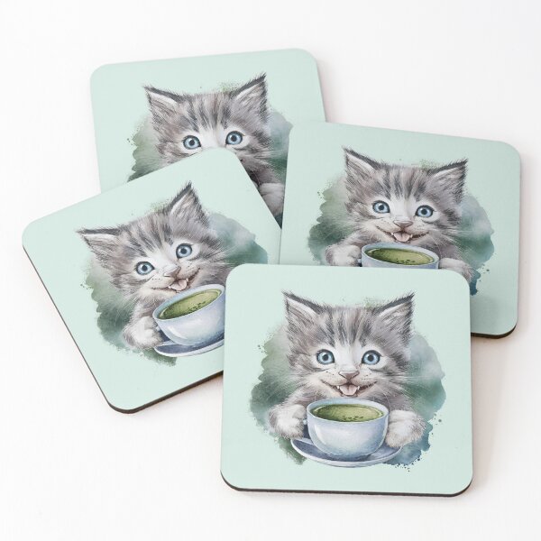 Item preview, A Cute Gray Kitten Drinking Matcha designed and sold by pixelplaza.