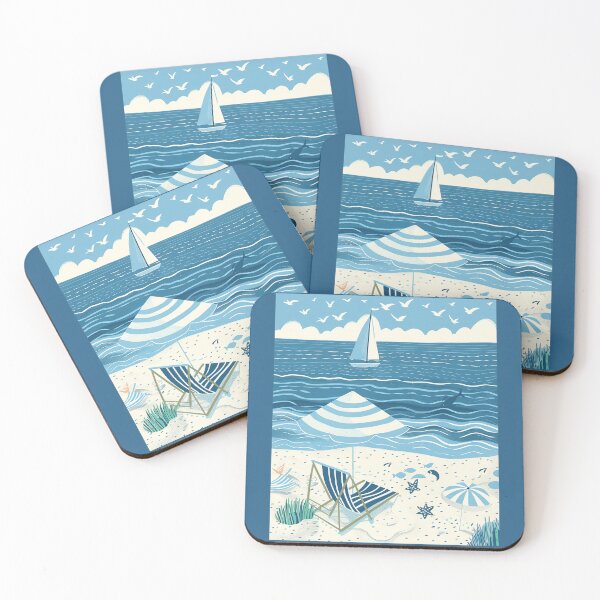 Item preview, Ocean beach scene with sailboat blue and white minimalist art designed and sold by Inktown.