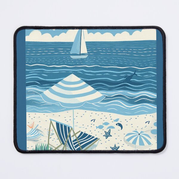 Item preview, Ocean beach scene with sailboat blue and white minimalist art designed and sold by Inktown.