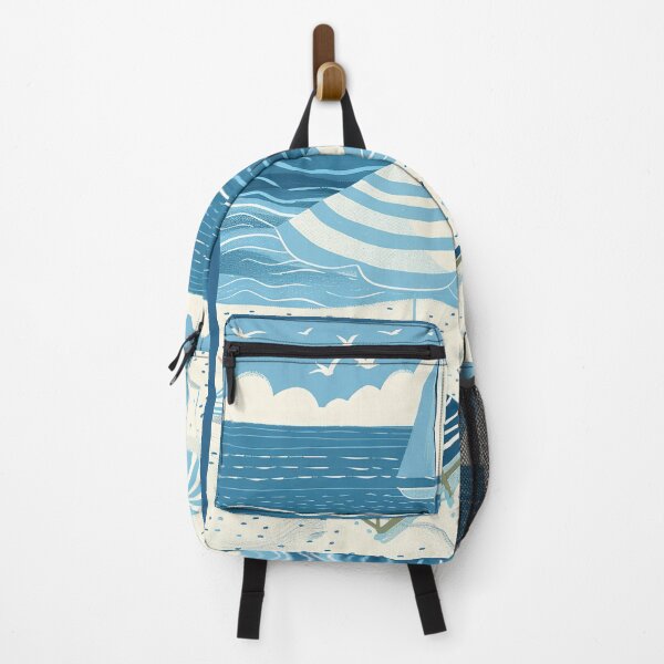 Item preview, Ocean beach scene with sailboat blue and white minimalist art designed and sold by Inktown.
