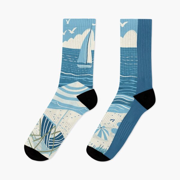 Item preview, Ocean beach scene with sailboat blue and white minimalist art designed and sold by Inktown.